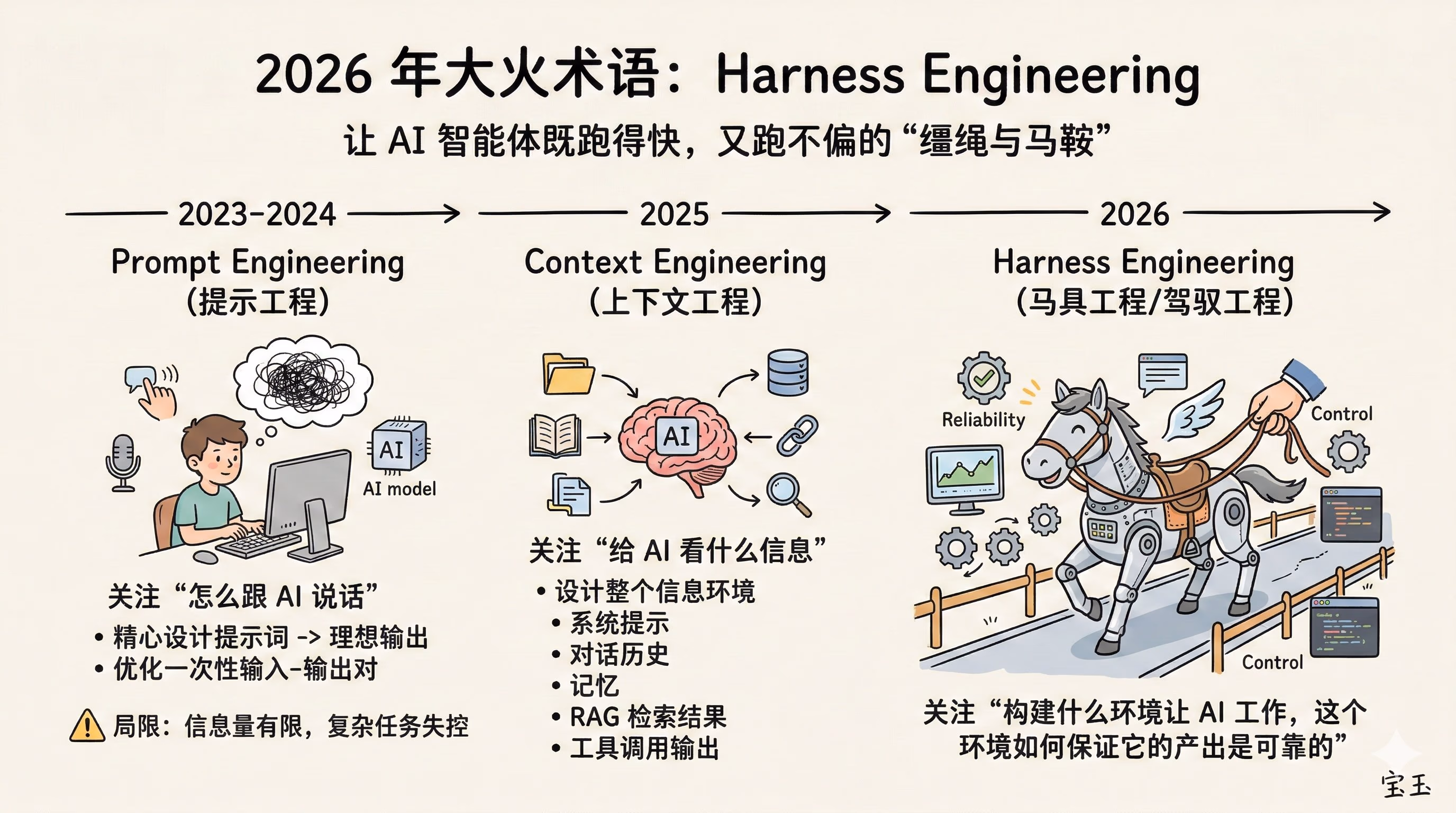 AI资讯:AI开发模式从Prompt到Context再到Harness工程的三阶段演进图