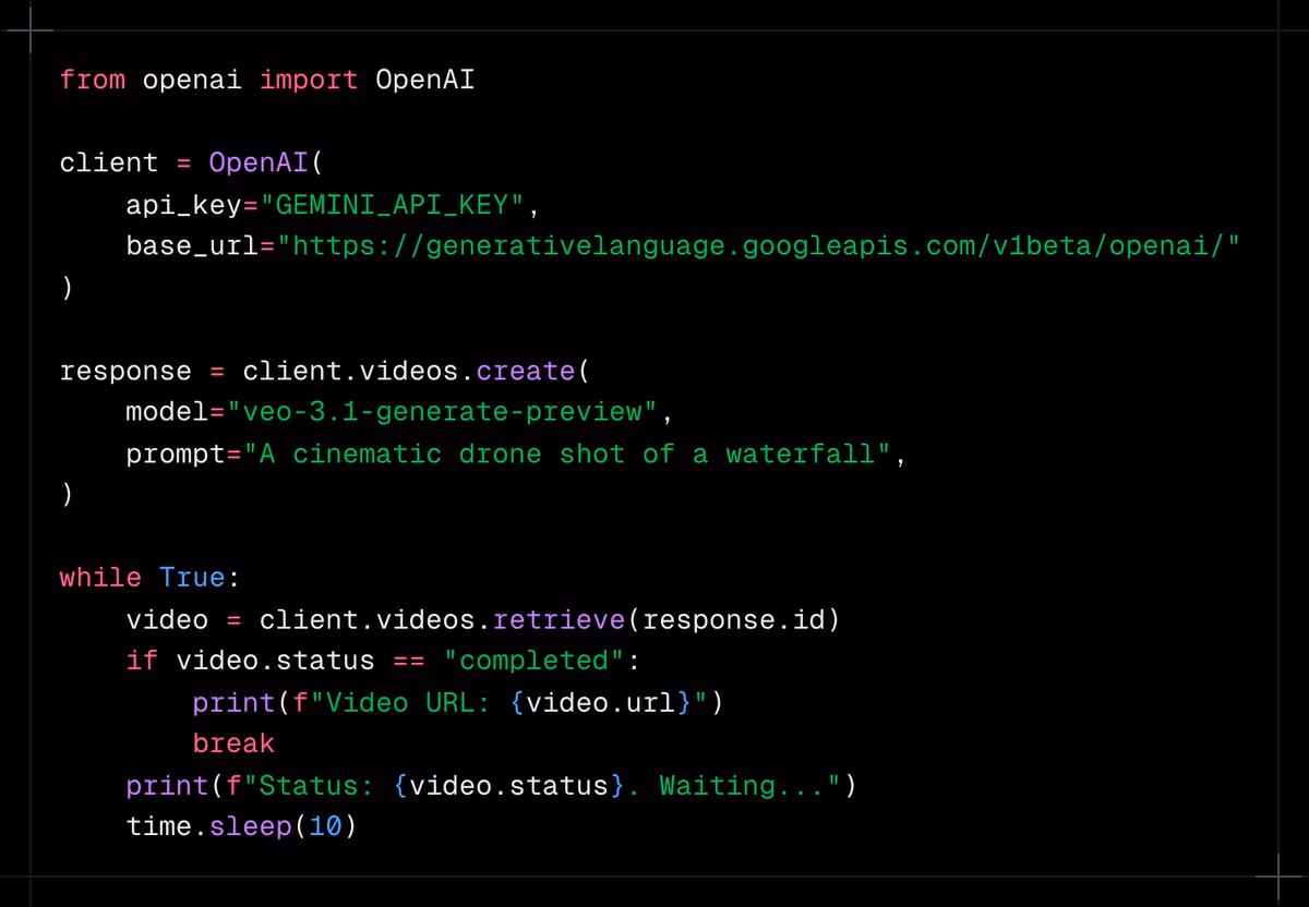 AI资讯:谷歌Veo和Gemini图像模型接入OpenAI兼容层的代码示例展示