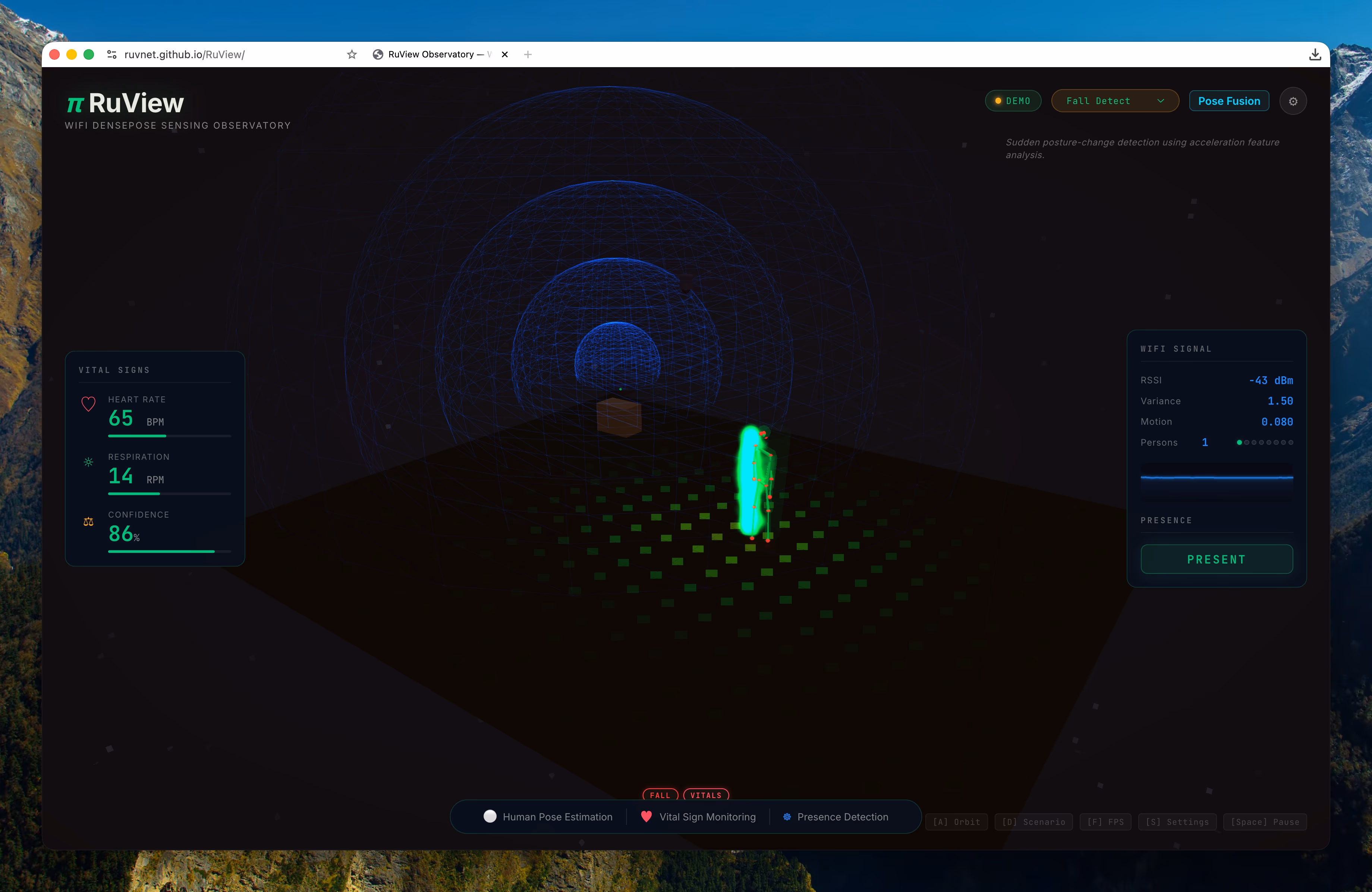AI资讯：RuView项目利用WiFi无线信号进行人体姿态估计与生命体征监测效果图