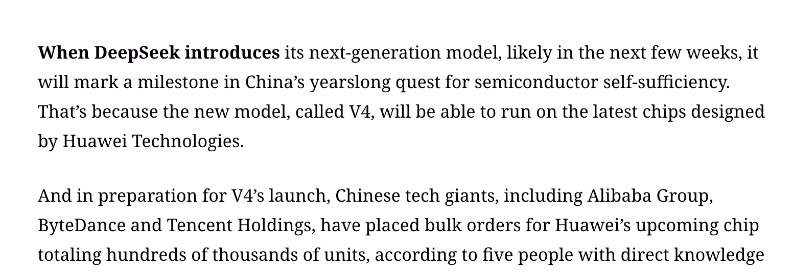 AI资讯:DeepSeek V4适配华为昇腾950PR芯片技术路线图