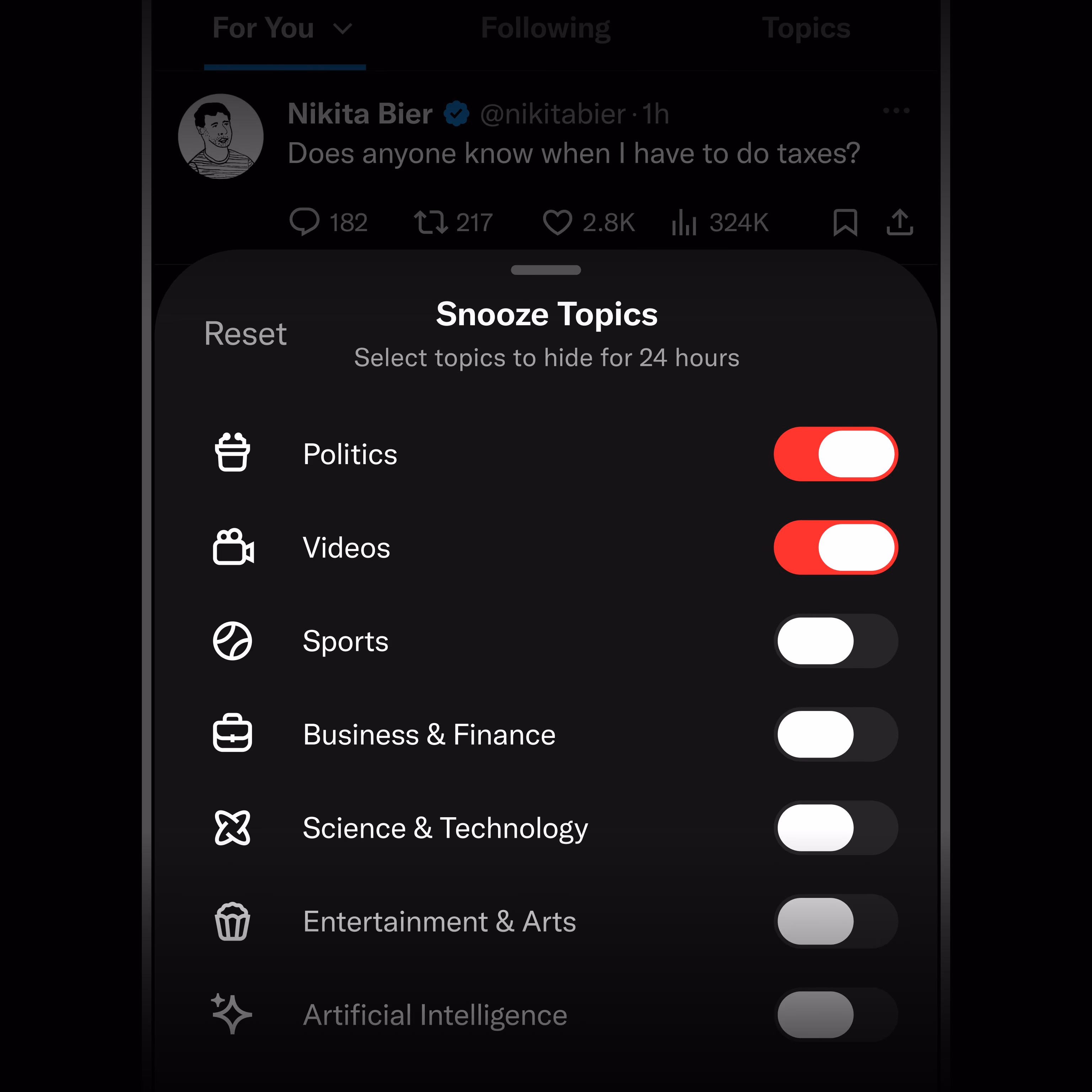 AI资讯：X平台自定义时间线话题选择界面预览